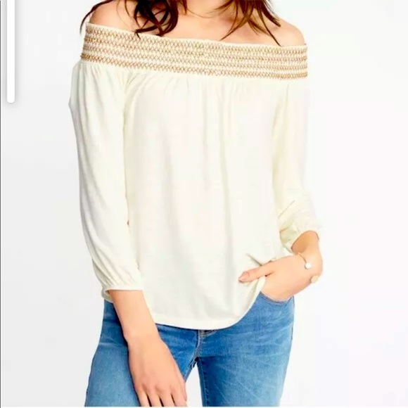 Old Navy Tops - Old Navy Swing Embroidered Ivory Top Off Shoulder Boho Shirt 3/4 Sleeve  M NWT